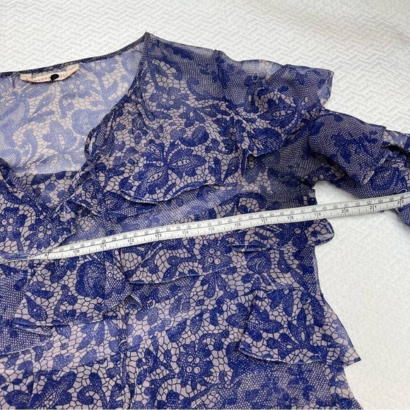 Rebecca Taylor Blue Silk Short Sleeve Ruffle Tie Front Blouse Size S - Picture 9 of 10